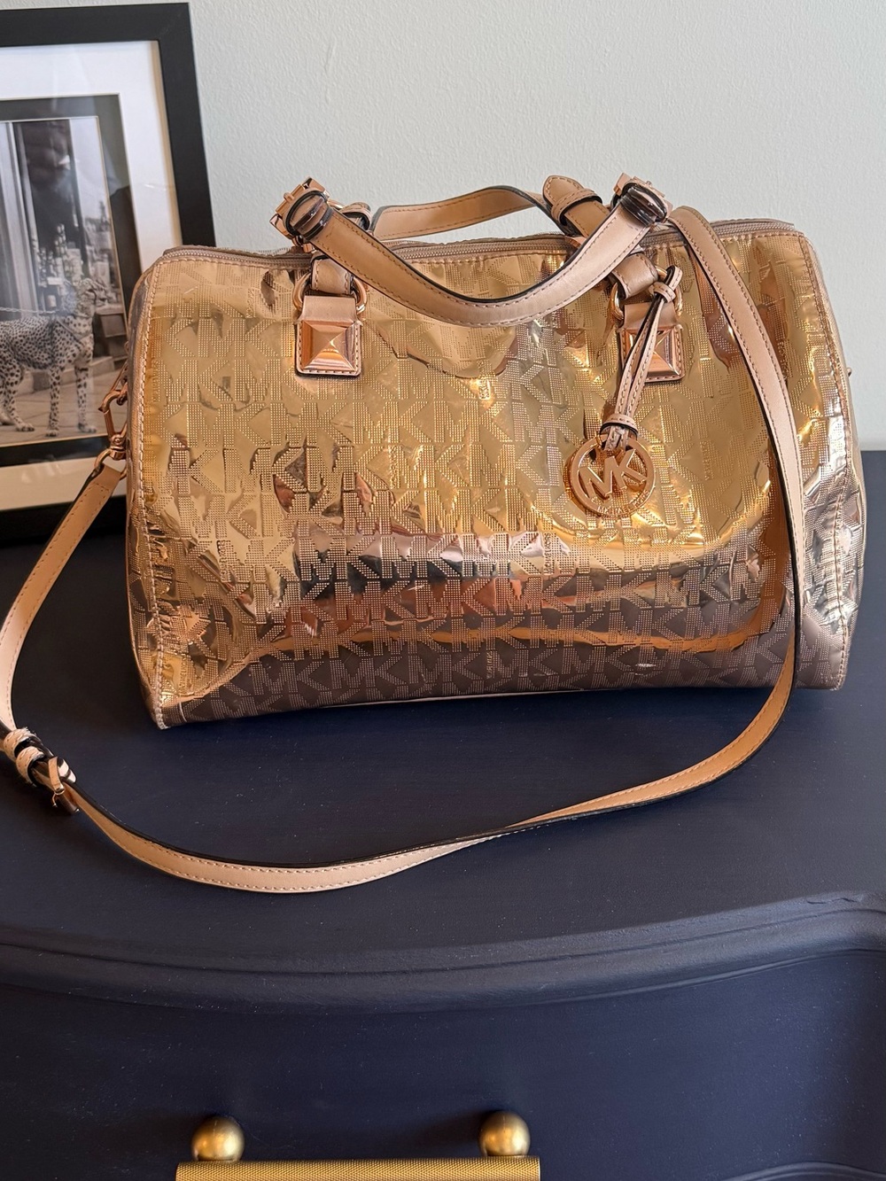 Michael Kors Grayson Medium Metallic Rose Gold Satchel MK Logo Purse Handbag